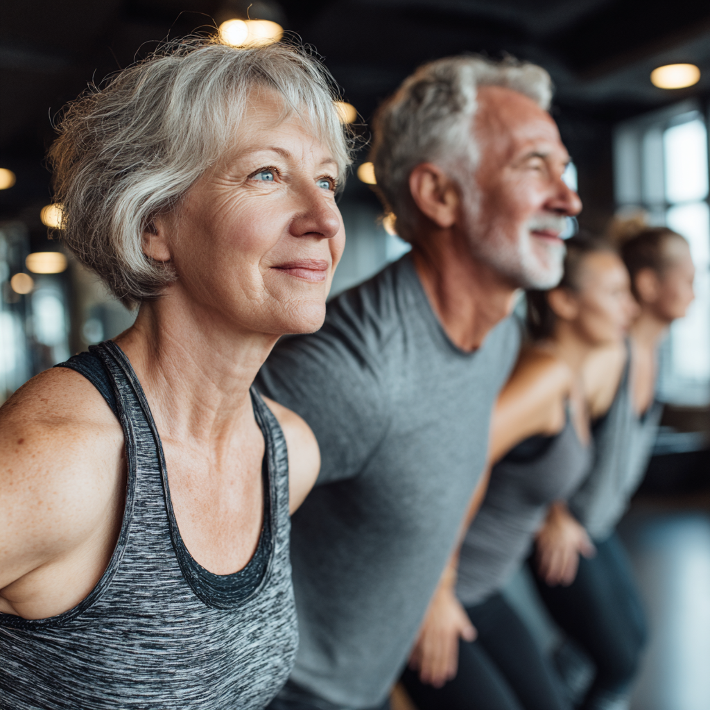 Mature adults exercising together in modern fitness environment